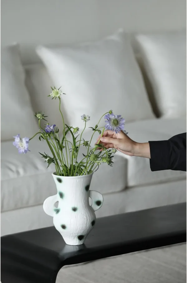 Artist-Made Green Moss Dot Twin-Ear Vase, Watertight in ivory — in a room setting