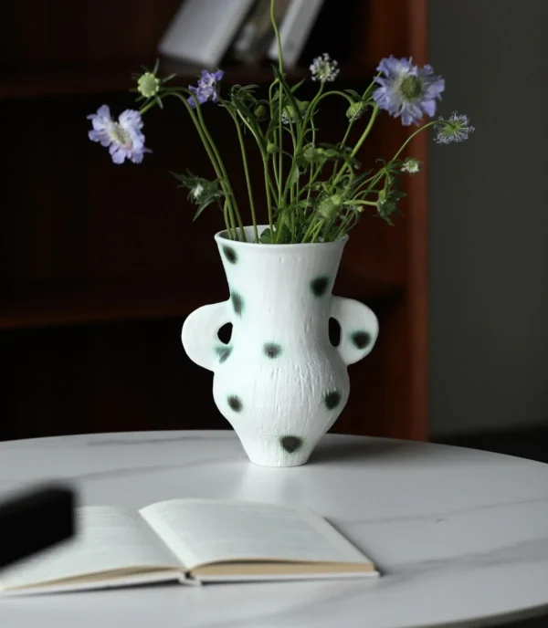 Artist-Made Green Moss Dot Twin-Ear Vase, Watertight in ivory — in a room setting