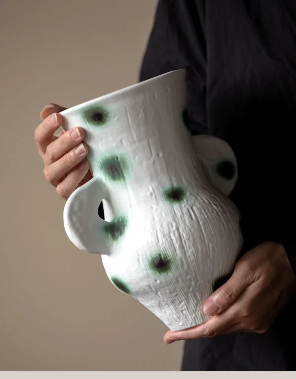 Artist-Made Green Moss Dot Twin-Ear Vase, Watertight in ivory — in a room setting