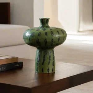 Artist-Made Green Glaze Mushroom Vase in olive — front view