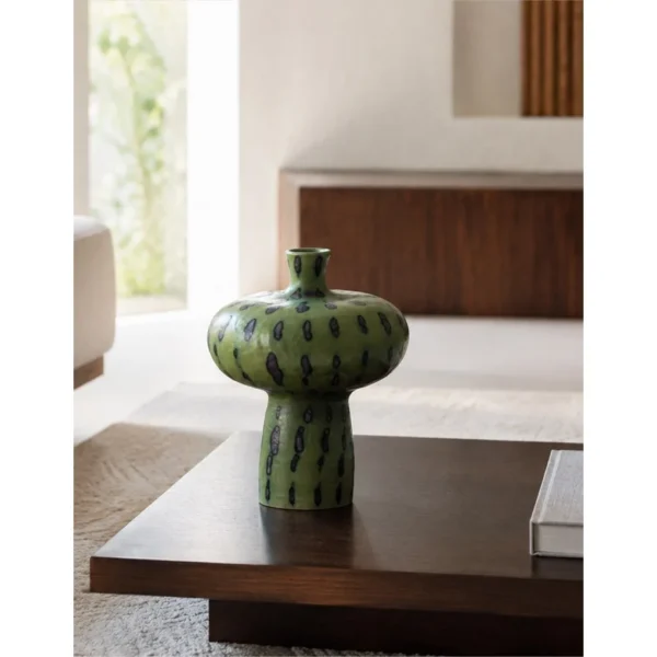 Artist-Made Green Glaze Mushroom Vase in olive — in a room setting