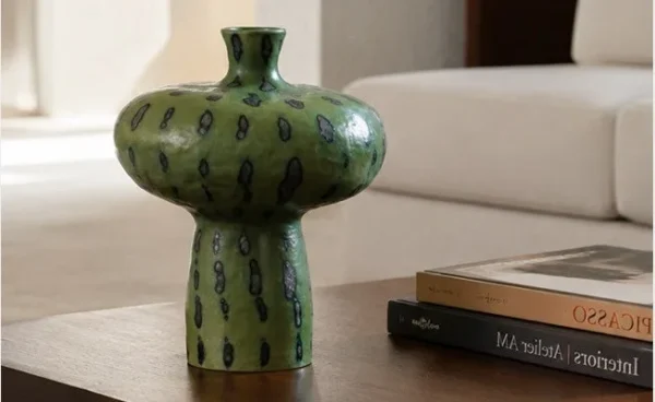 Artist-Made Green Glaze Mushroom Vase in olive — in a room setting