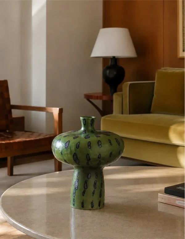 Artist-Made Green Glaze Mushroom Vase in olive — in a room setting