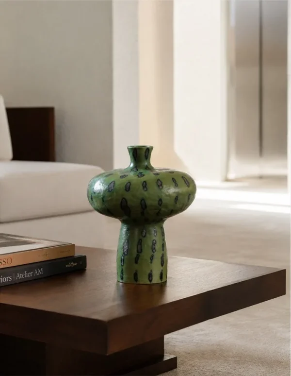 Artist-Made Green Glaze Mushroom Vase in olive — in a room setting