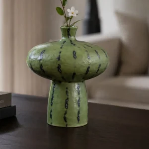 Artist-Made Green Spotted Mushroom Vase, Wide Cap in olive — front view