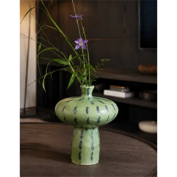 Artist-Made Green Spotted Mushroom Vase, Wide Cap in olive — in a room setting