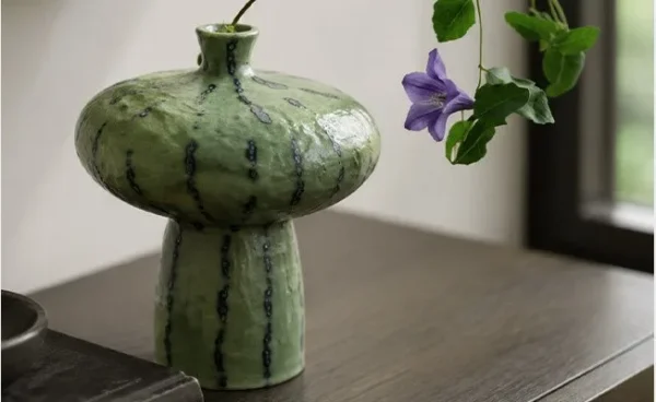 Artist-Made Green Spotted Mushroom Vase, Wide Cap in olive — in a room setting