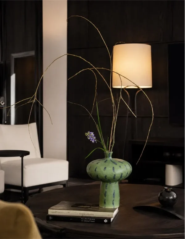 Artist-Made Green Spotted Mushroom Vase, Wide Cap in olive — in a room setting
