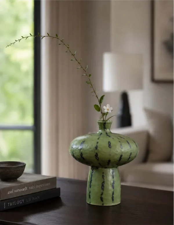Artist-Made Green Spotted Mushroom Vase, Wide Cap in olive — in a room setting