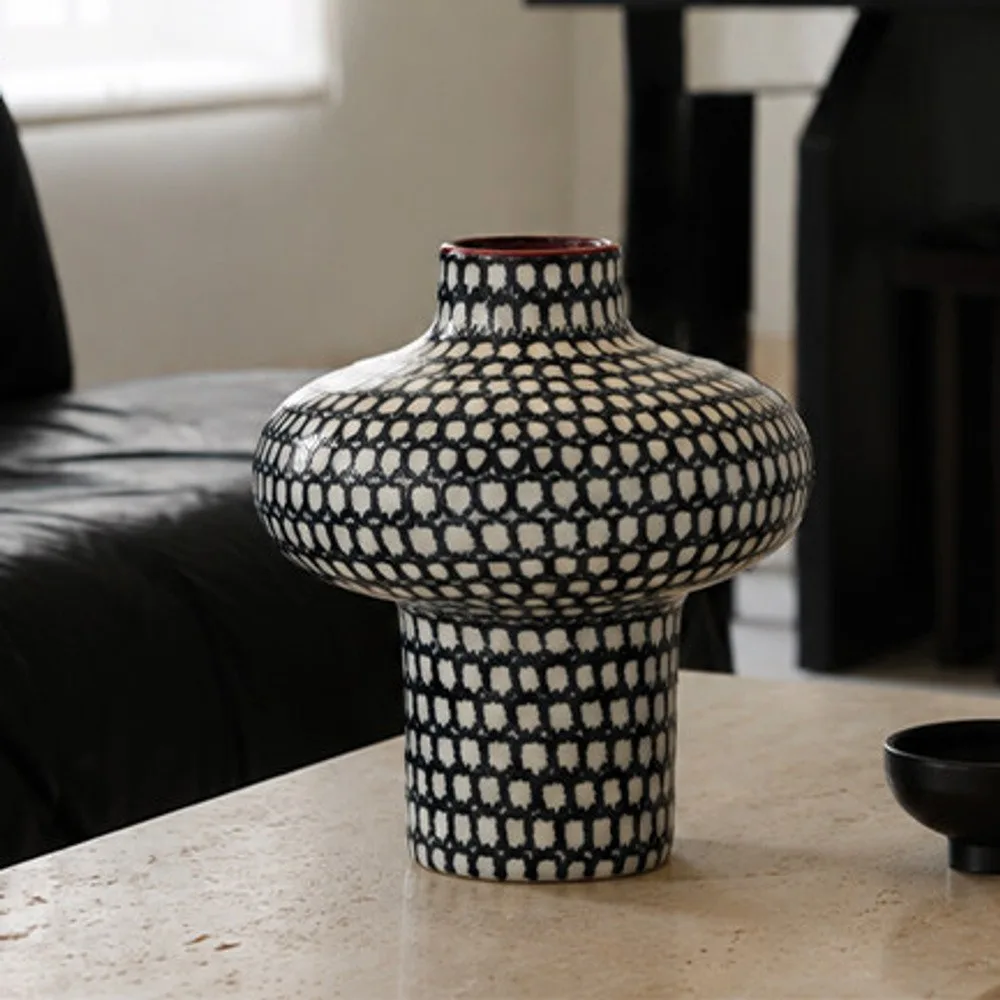 Artist-Made Hand-Painted Grid Mushroom Vase, Living Room in black — front view
