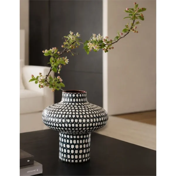 Artist-Made Hand-Painted Grid Mushroom Vase, Living Room in black — in a room setting