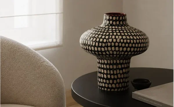 Artist-Made Hand-Painted Grid Mushroom Vase, Living Room in black — in a room setting