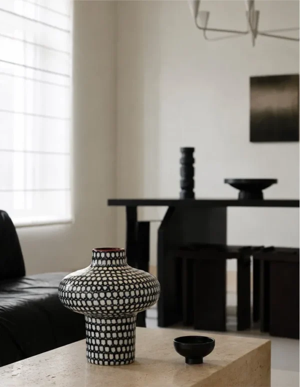 Artist-Made Hand-Painted Grid Mushroom Vase, Living Room in black — in a room setting