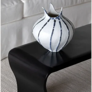 Artist-Made Blue Line Bud Vase with Pointed Petal Rim in ivory — front view