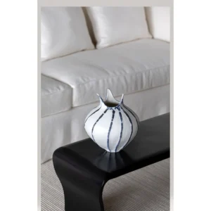 Artist-Made Blue Line Bud Vase with Pointed Petal Rim in ivory — in a room setting