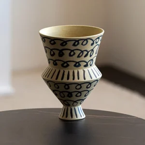 Artist-Made Hand-Painted Blue Loop Tiered Cup Vase in oatmeal — front view
