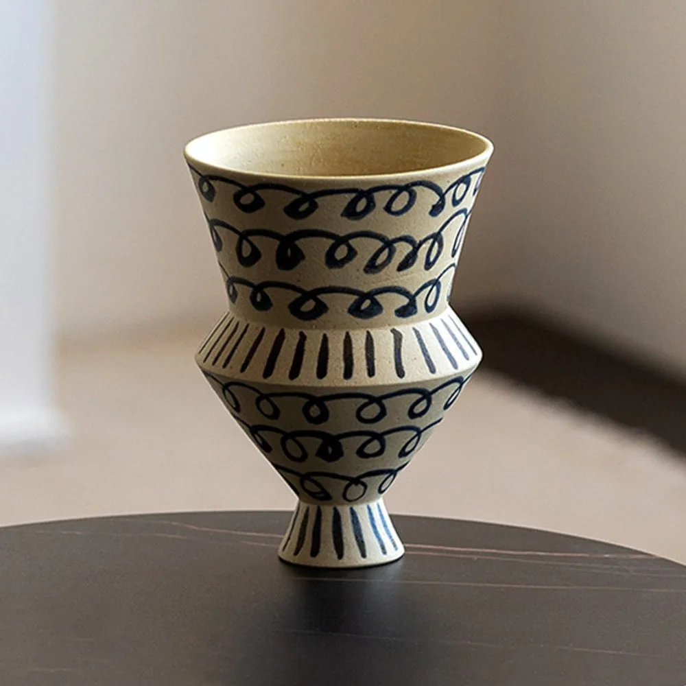 Artist-Made Hand-Painted Blue Loop Tiered Cup Vase in oatmeal — front view