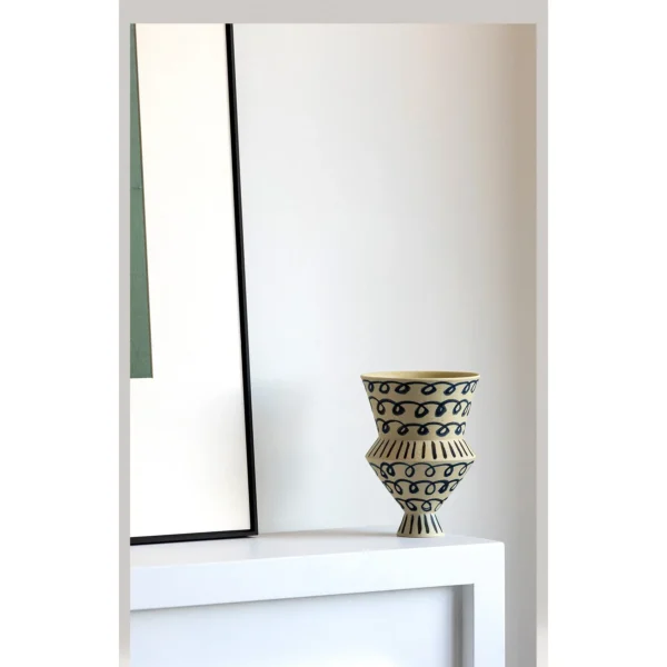 Artist-Made Hand-Painted Blue Loop Tiered Cup Vase in oatmeal — in a room setting