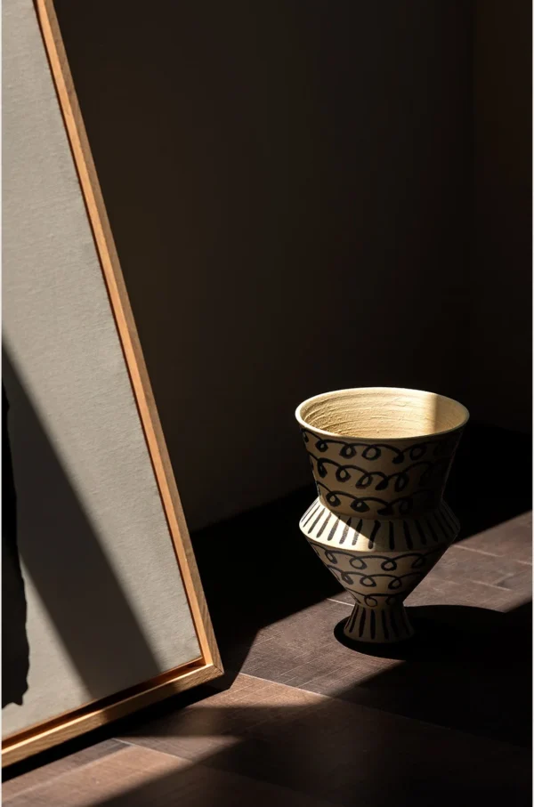 Artist-Made Hand-Painted Blue Loop Tiered Cup Vase in oatmeal — in a room setting