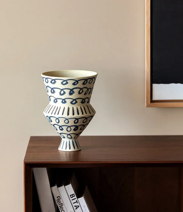 Artist-Made Hand-Painted Blue Loop Tiered Cup Vase in oatmeal — in a room setting