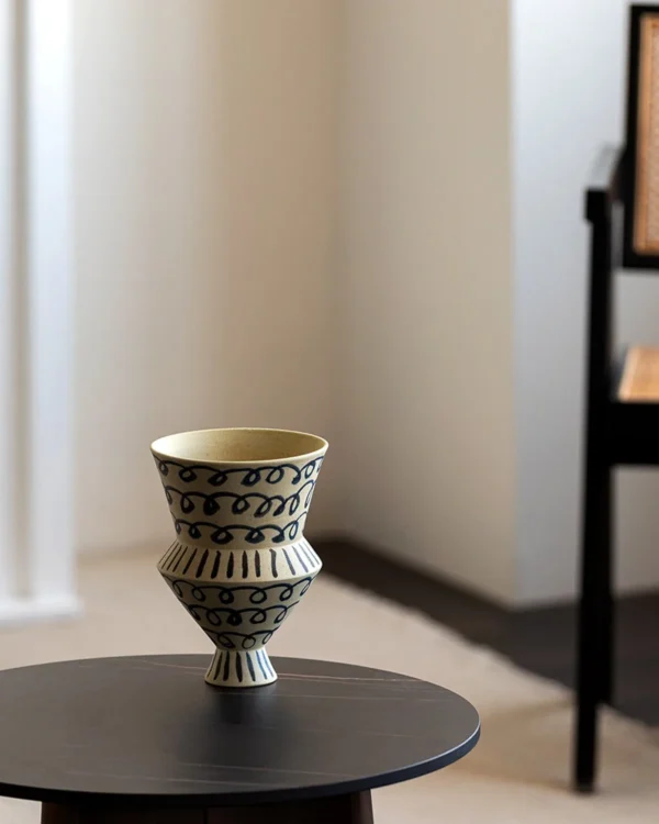 Artist-Made Hand-Painted Blue Loop Tiered Cup Vase in oatmeal — in a room setting
