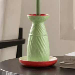 Artist-Made Hand-Painted Green Twisted Candle Holder in olive — front view