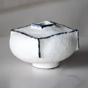 Artist-Made Square White Vase with Blue Outlined Edges in ivory — front view
