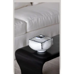 Artist-Made Square White Vase with Blue Outlined Edges in ivory — in a room setting