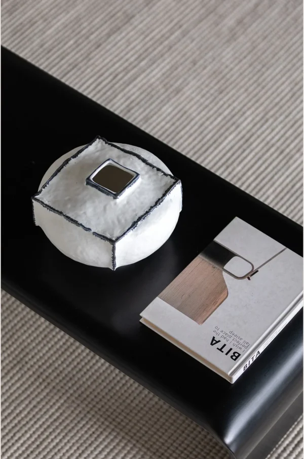 Artist-Made Square White Vase with Blue Outlined Edges in ivory — in a room setting