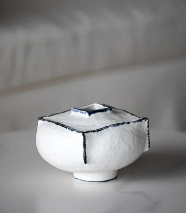 Artist-Made Square White Vase with Blue Outlined Edges in ivory — in a room setting
