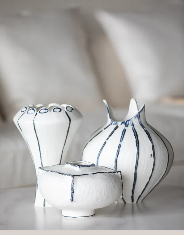 Artist-Made Square White Vase with Blue Outlined Edges in ivory — in a room setting