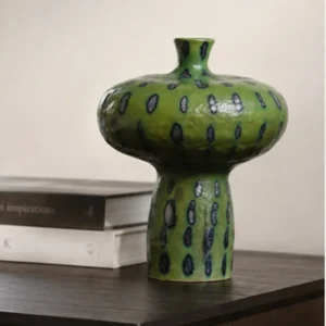 Artist-Made Green Spotted Mushroom Vase for Bedrooms in olive — front view