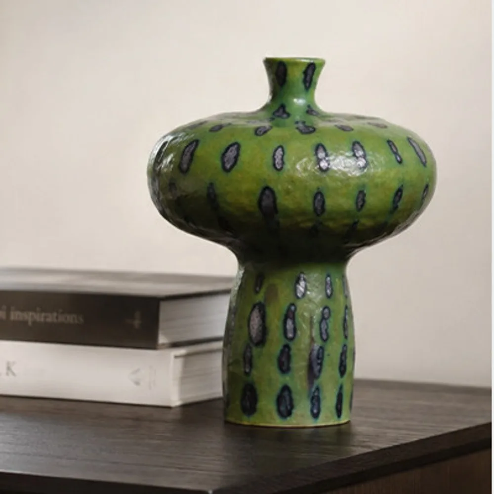 Artist-Made Green Spotted Mushroom Vase for Bedrooms in olive — front view