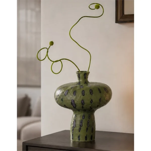 Artist-Made Green Spotted Mushroom Vase for Bedrooms in olive — in a room setting