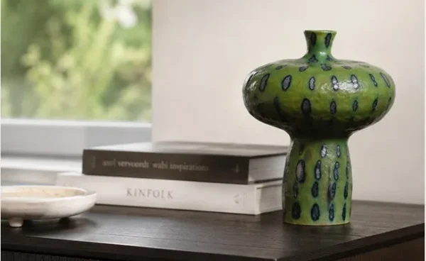 Artist-Made Green Spotted Mushroom Vase for Bedrooms in olive — in a room setting