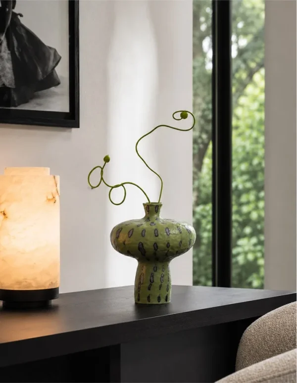 Artist-Made Green Spotted Mushroom Vase for Bedrooms in olive — in a room setting