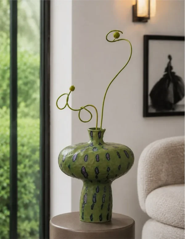 Artist-Made Green Spotted Mushroom Vase for Bedrooms in olive — in a room setting