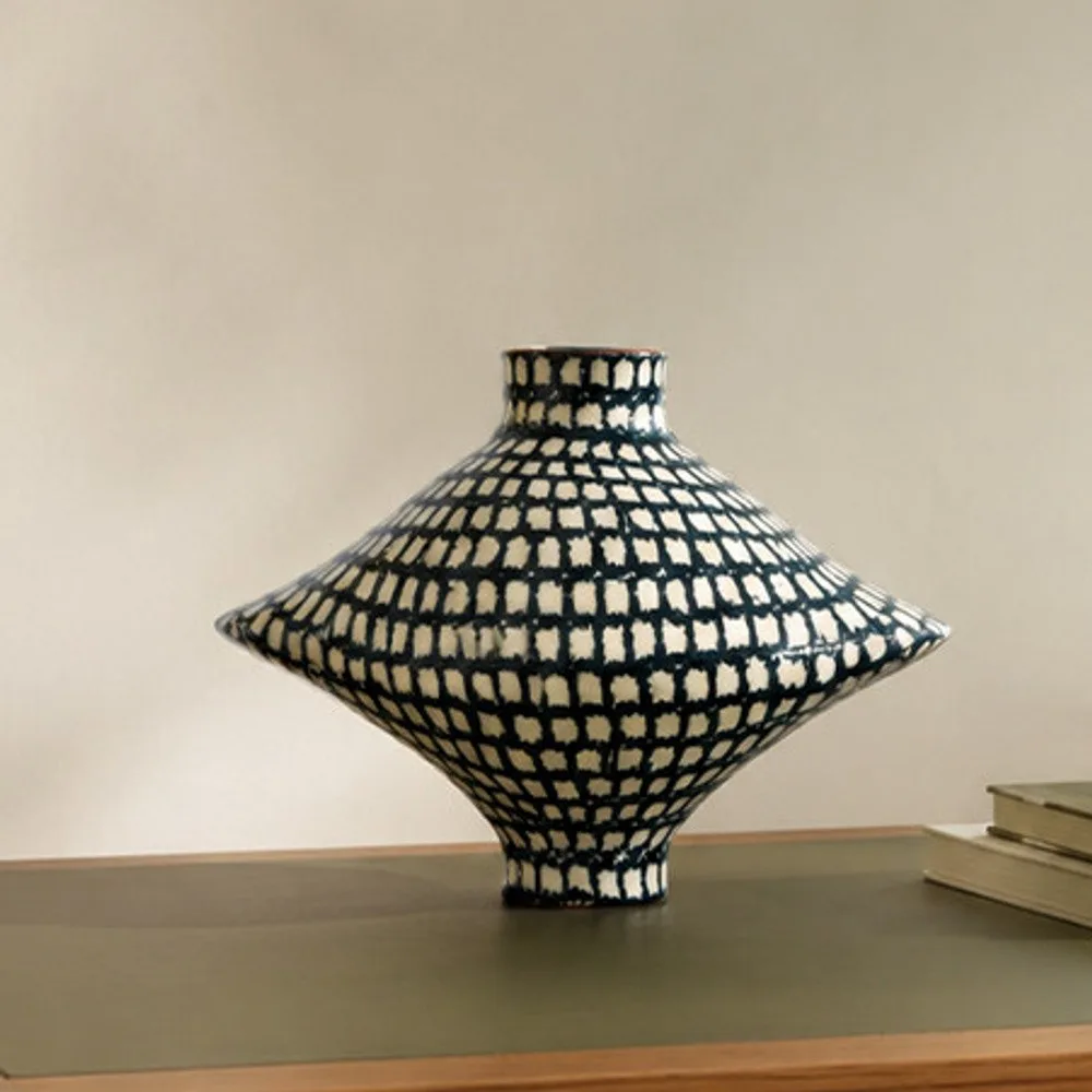 Artist-Made Hand-Painted Checkered Lens Vase in black — front view