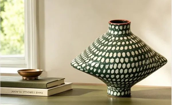 Artist-Made Hand-Painted Checkered Lens Vase in black — in a room setting