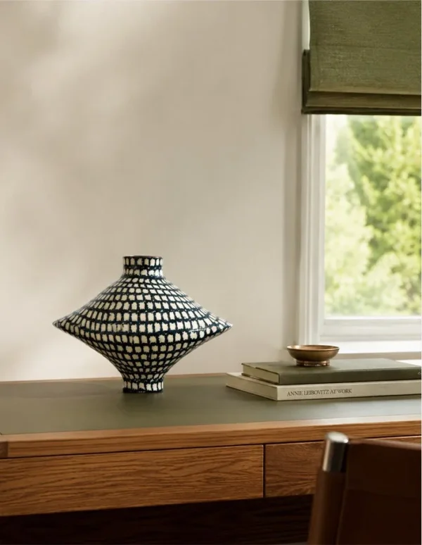 Artist-Made Hand-Painted Checkered Lens Vase in black — in a room setting