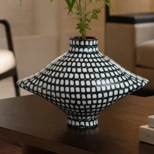 Artist-Made Hand-Painted Grid Diamond Vase, Living Room in black — front view