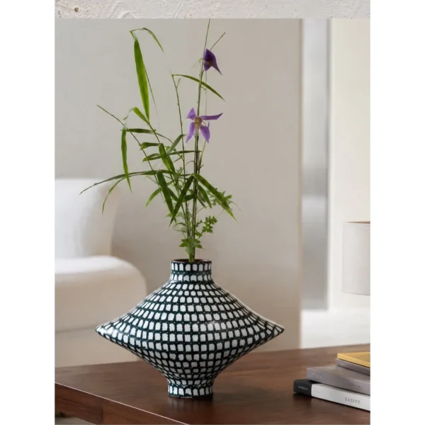 Artist-Made Hand-Painted Grid Diamond Vase, Living Room in black — in a room setting