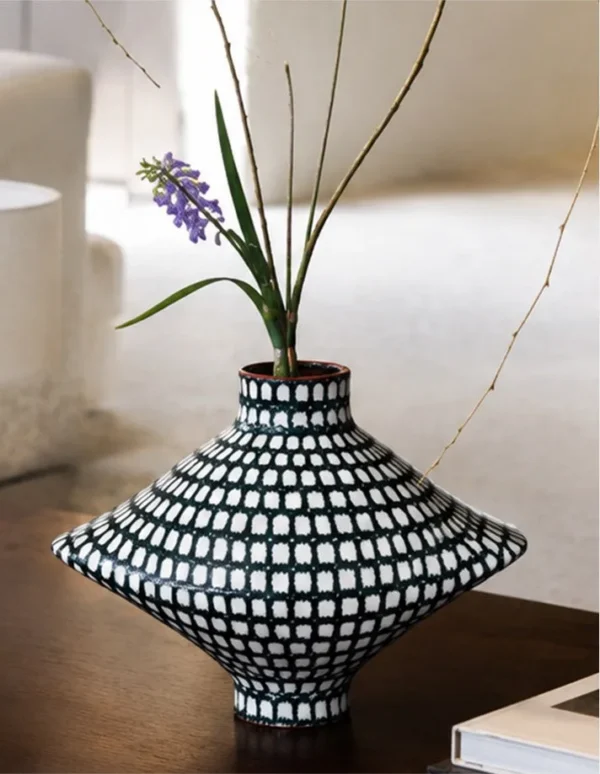 Artist-Made Hand-Painted Grid Diamond Vase, Living Room in black — in a room setting