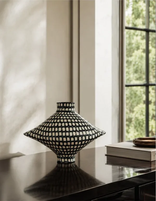 Artist-Made Hand-Painted Grid Diamond Vase, Living Room in black — in a room setting