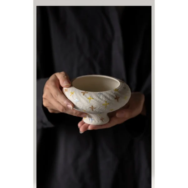 Artist-Made Hand-Painted Star Field Footed Bowl Vase in ivory — in a room setting