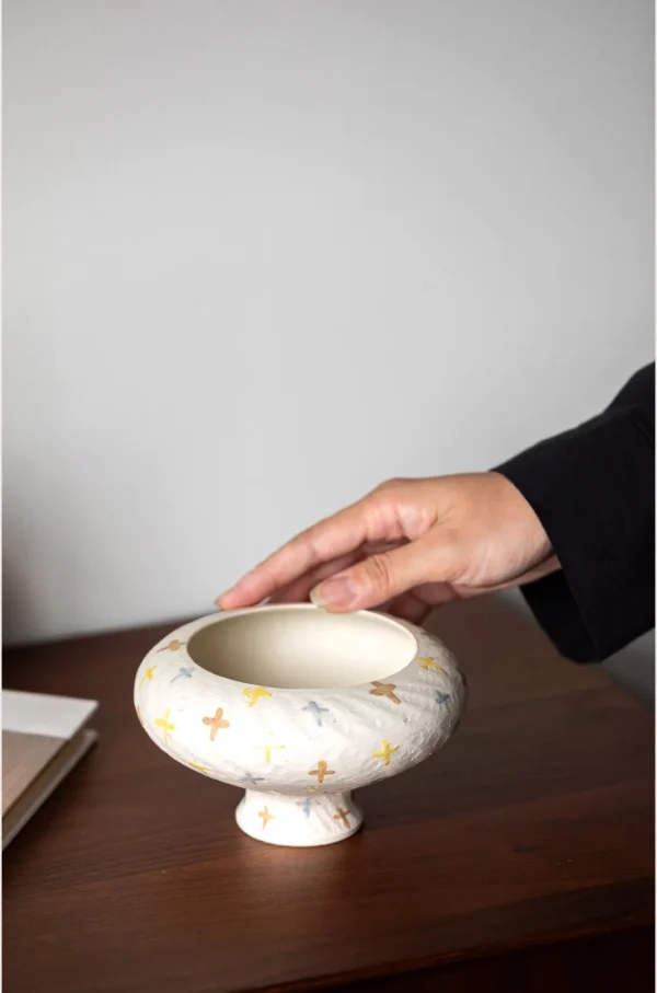Artist-Made Hand-Painted Star Field Footed Bowl Vase in ivory — in a room setting