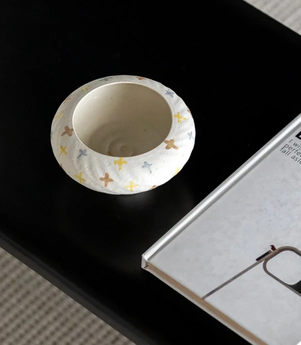 Artist-Made Hand-Painted Star Field Footed Bowl Vase in ivory — in a room setting