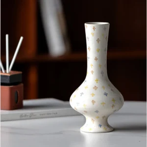 Artist-Made Hand-Painted Cross Pattern Long-Neck Vase in ivory — front view