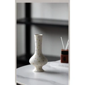 Artist-Made Hand-Painted Cross Pattern Long-Neck Vase in ivory — in a room setting