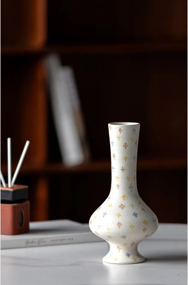 Artist-Made Hand-Painted Cross Pattern Long-Neck Vase in ivory — in a room setting
